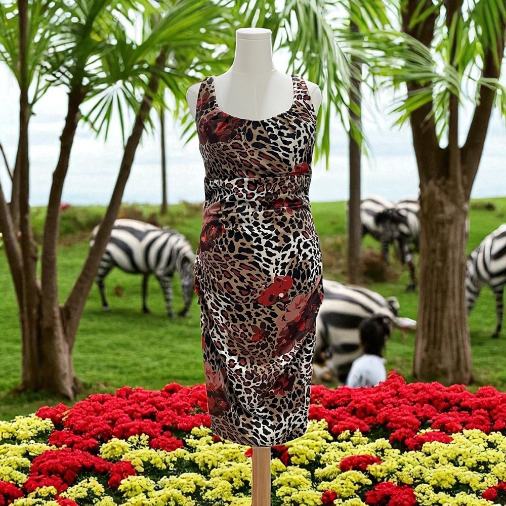 Signature By Sangria Leopard Floral Sheath Dress Size‎ 16 Sexy Cocktail Glam